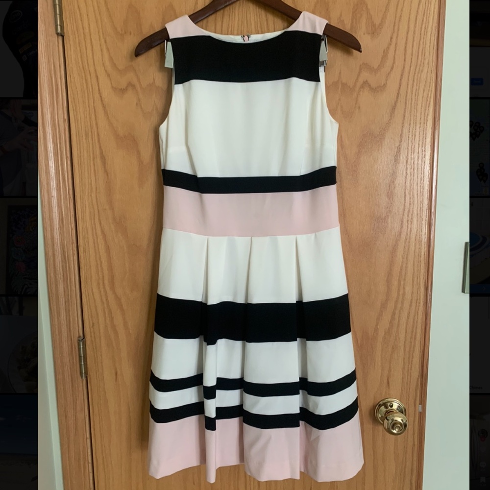 Ralph Lauren Pink, White, Black Striped Pleated Dress, Size 8